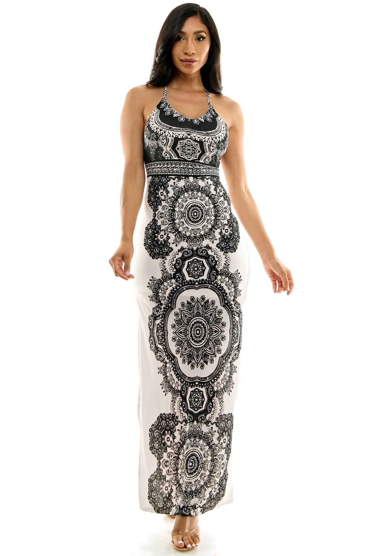 Vertical Tribal Design Strappy Twist Back Maxi Dress