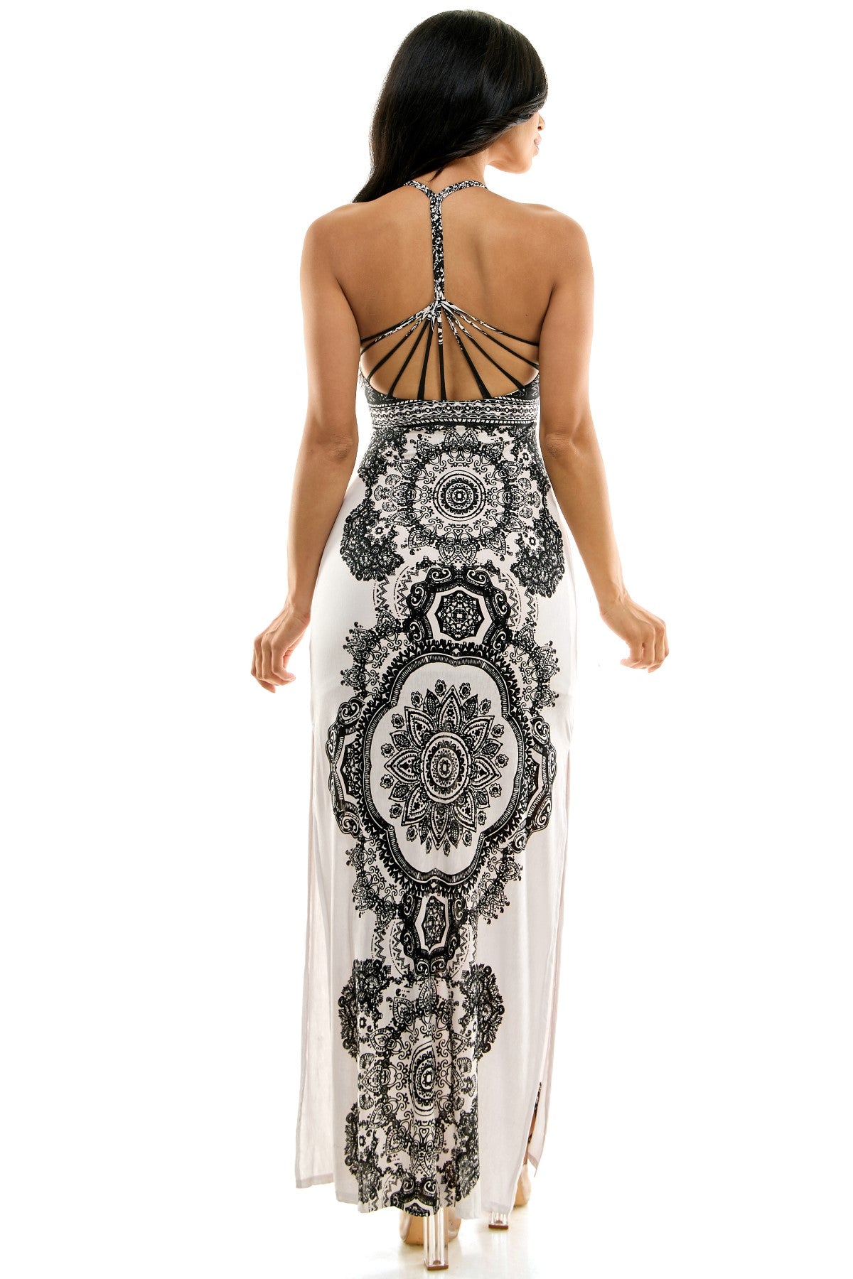 Vertical Tribal Design Strappy Twist Back Maxi Dress