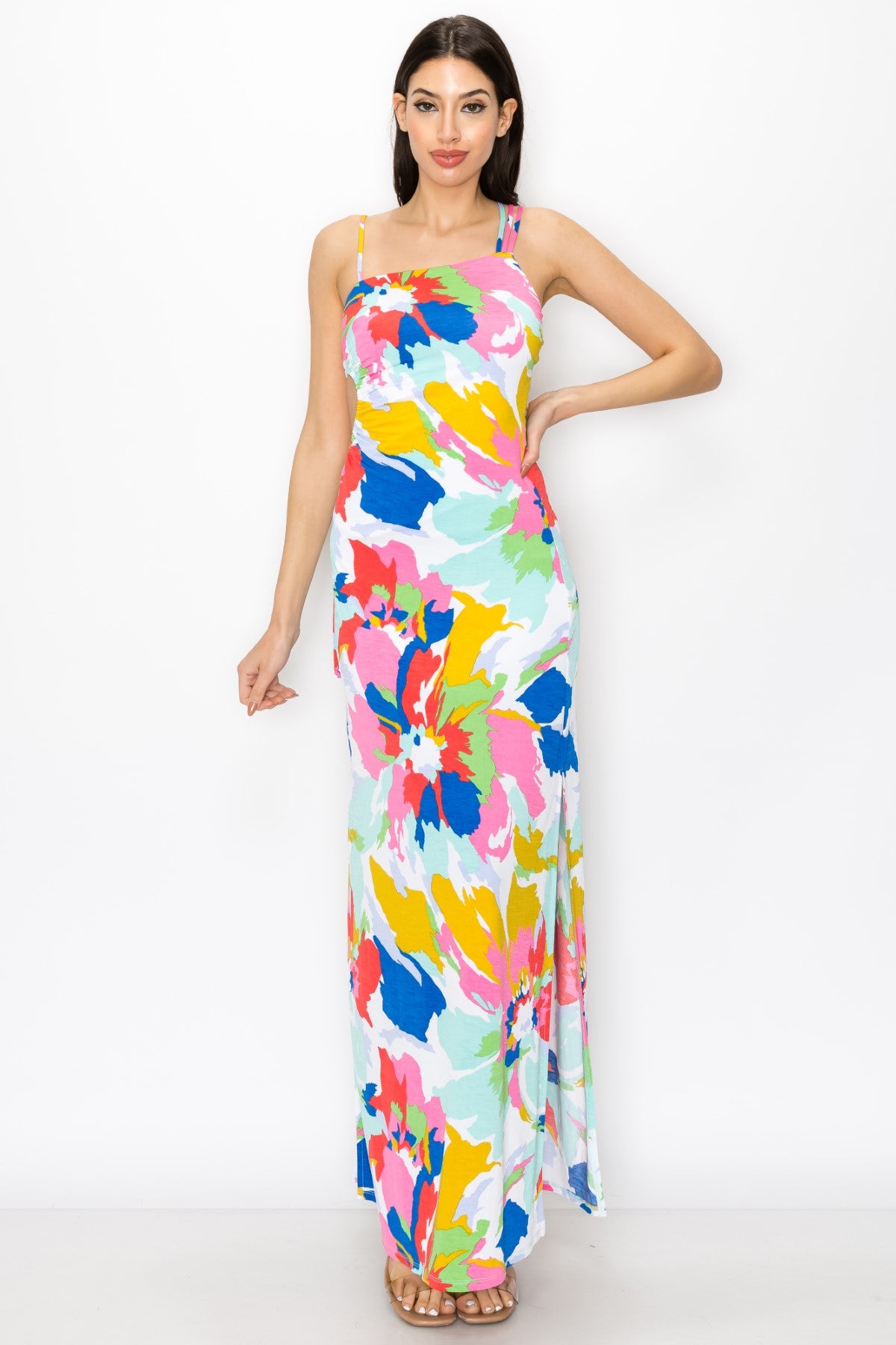 Floral Print Dress With Asymmetrical Shoulder Strap Maxi Dress