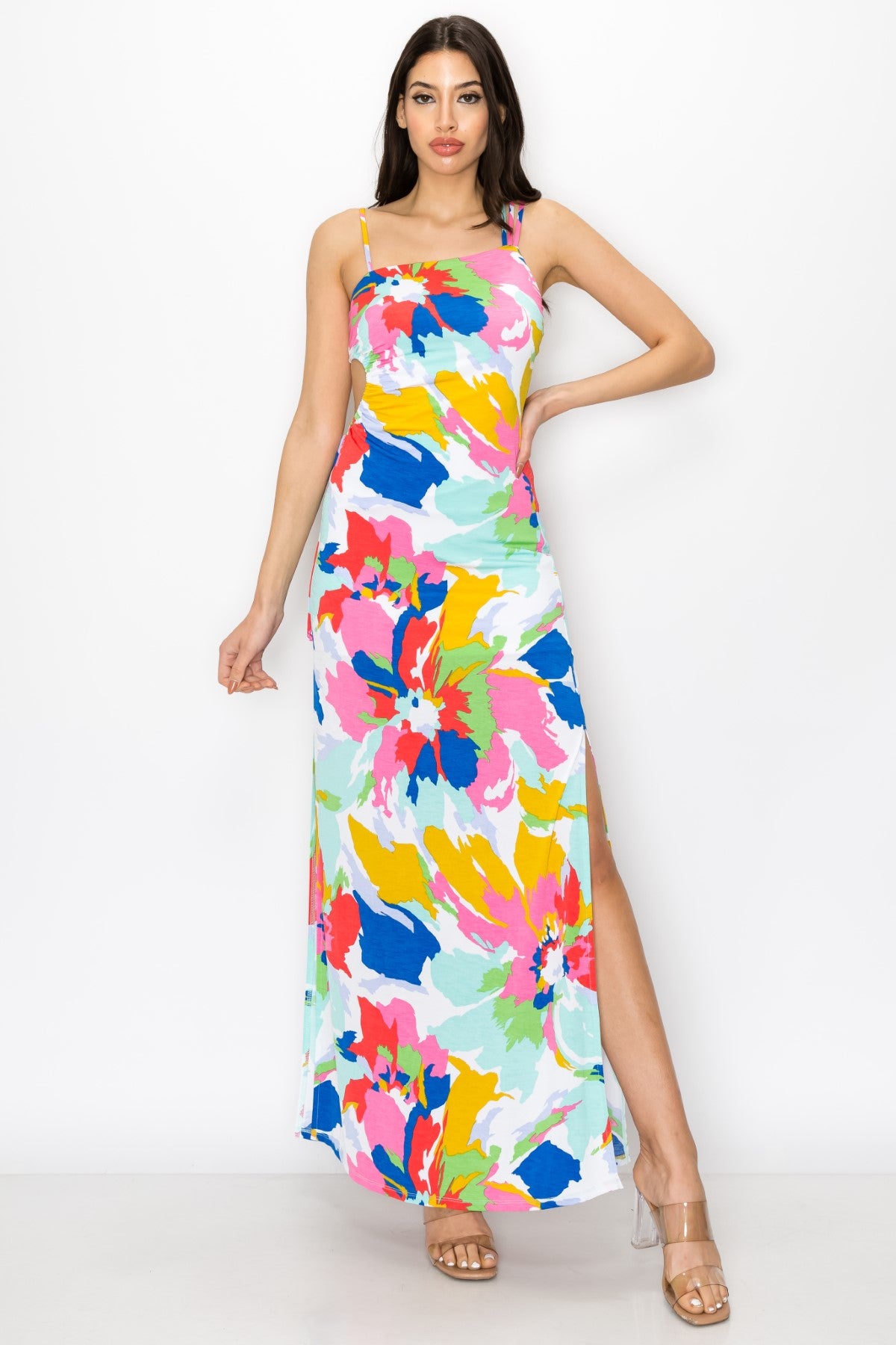 Floral Print Dress With Asymmetrical Shoulder Strap Maxi Dress