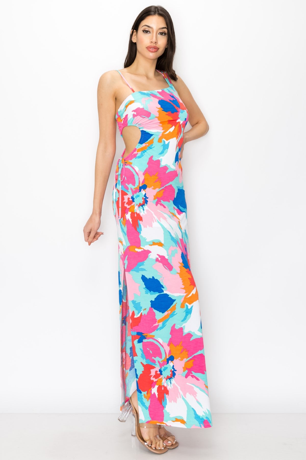 Floral Print Dress With Asymmetrical Shoulder Strap Maxi Dress