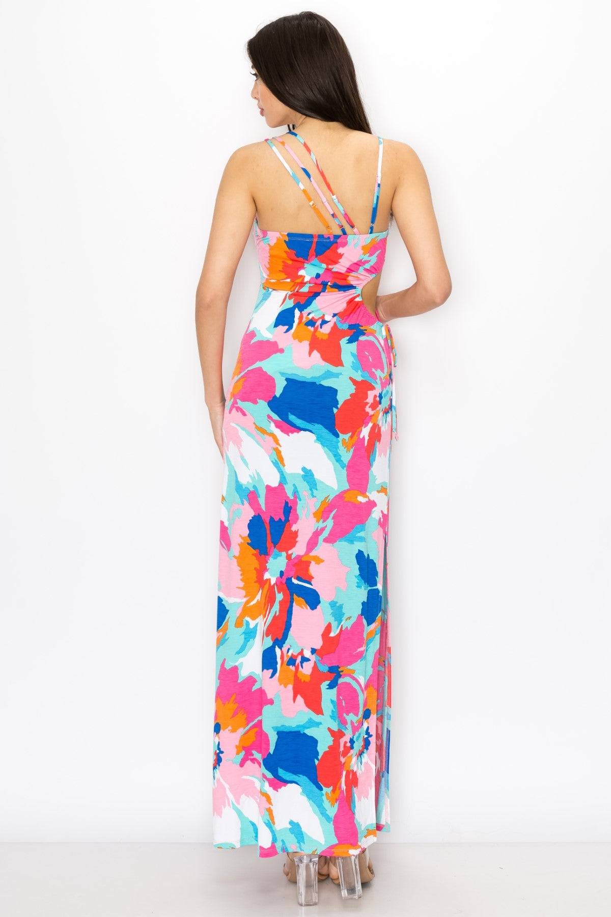Floral Print Dress With Asymmetrical Shoulder Strap Maxi Dress