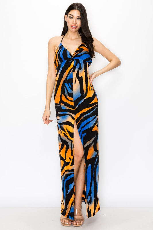 Chic Zebra Print With Open Back Criss Cross Strap Maxi Dress