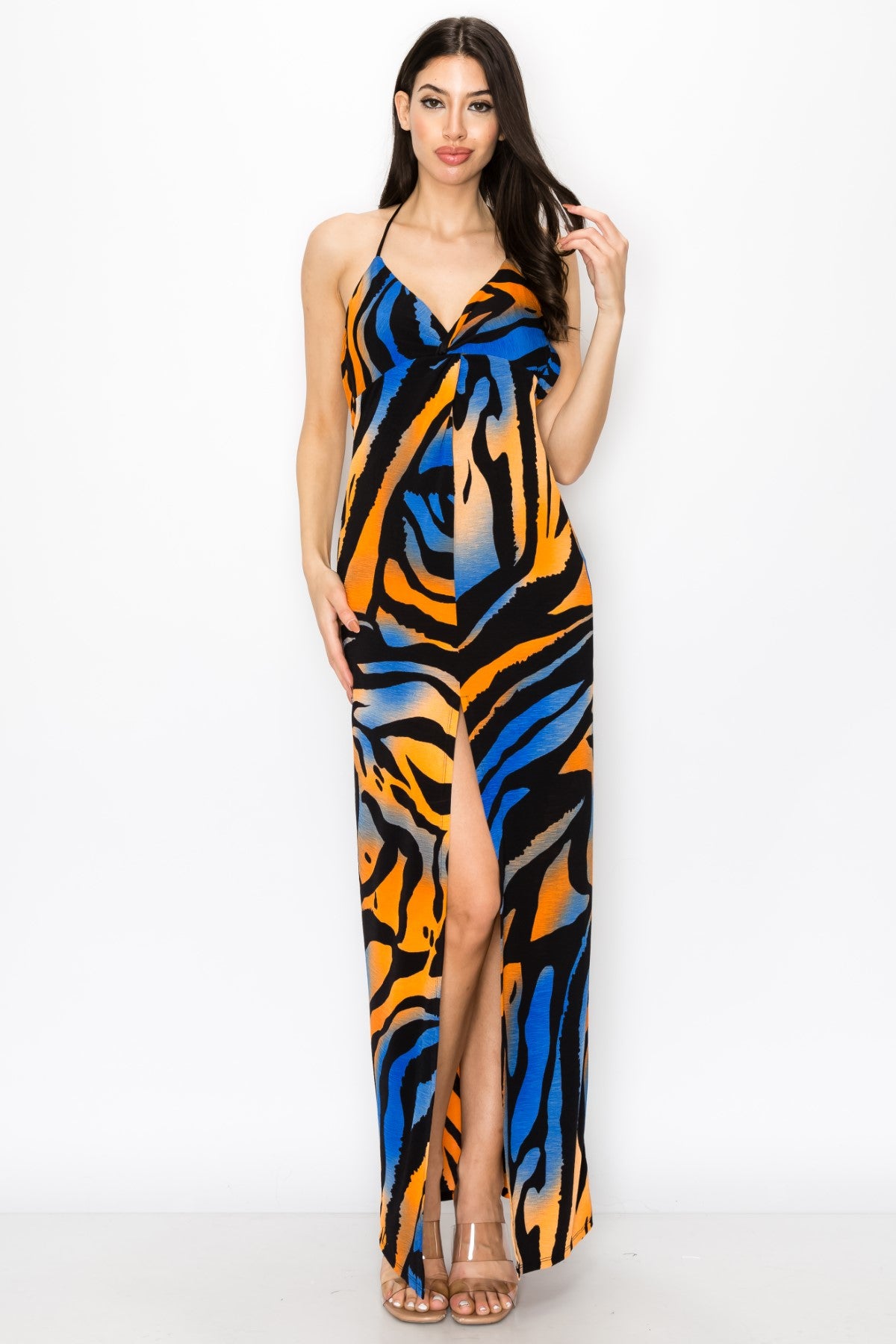 Chic Zebra Print With Open Back Criss Cross Strap Maxi Dress