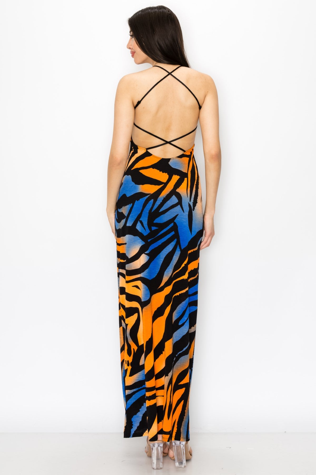 Chic Zebra Print With Open Back Criss Cross Strap Maxi Dress