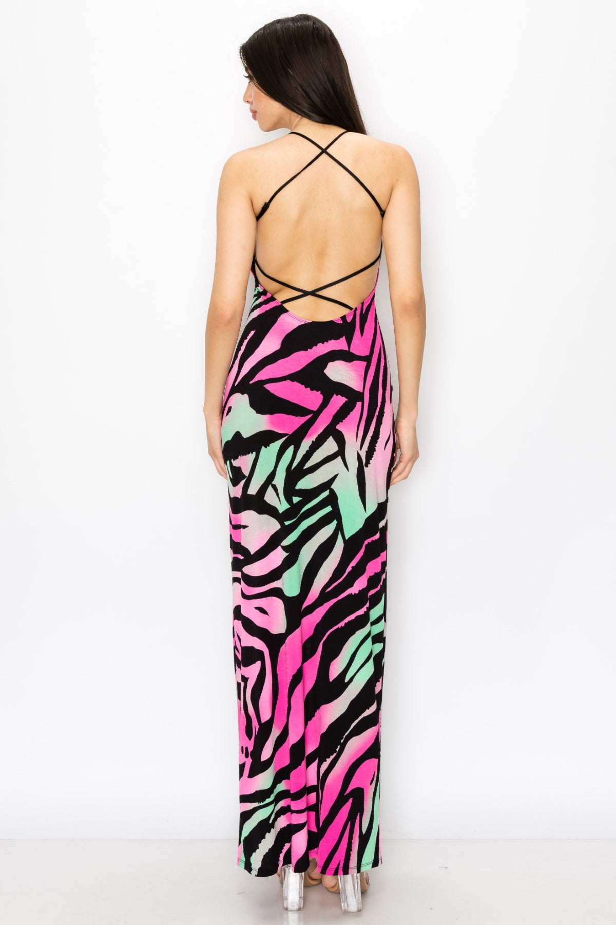 Chic Zebra Print With Open Back Criss Cross Strap Maxi Dress
