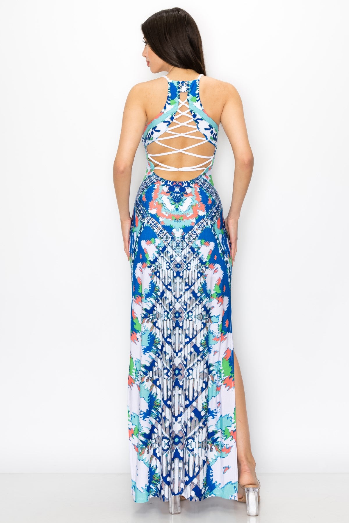 Tribal Print Dress With Multi Criss Cross Back Strap Maxi Dress