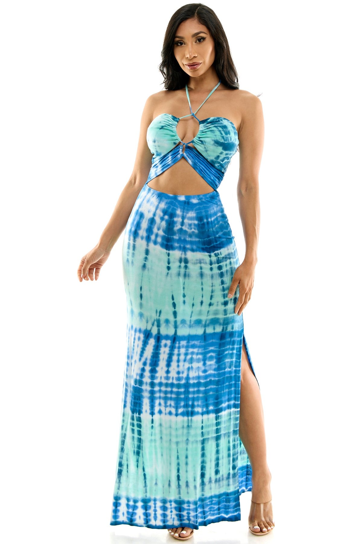 Elegant Lace Up Front Halter With Side Slit Maxi Dress