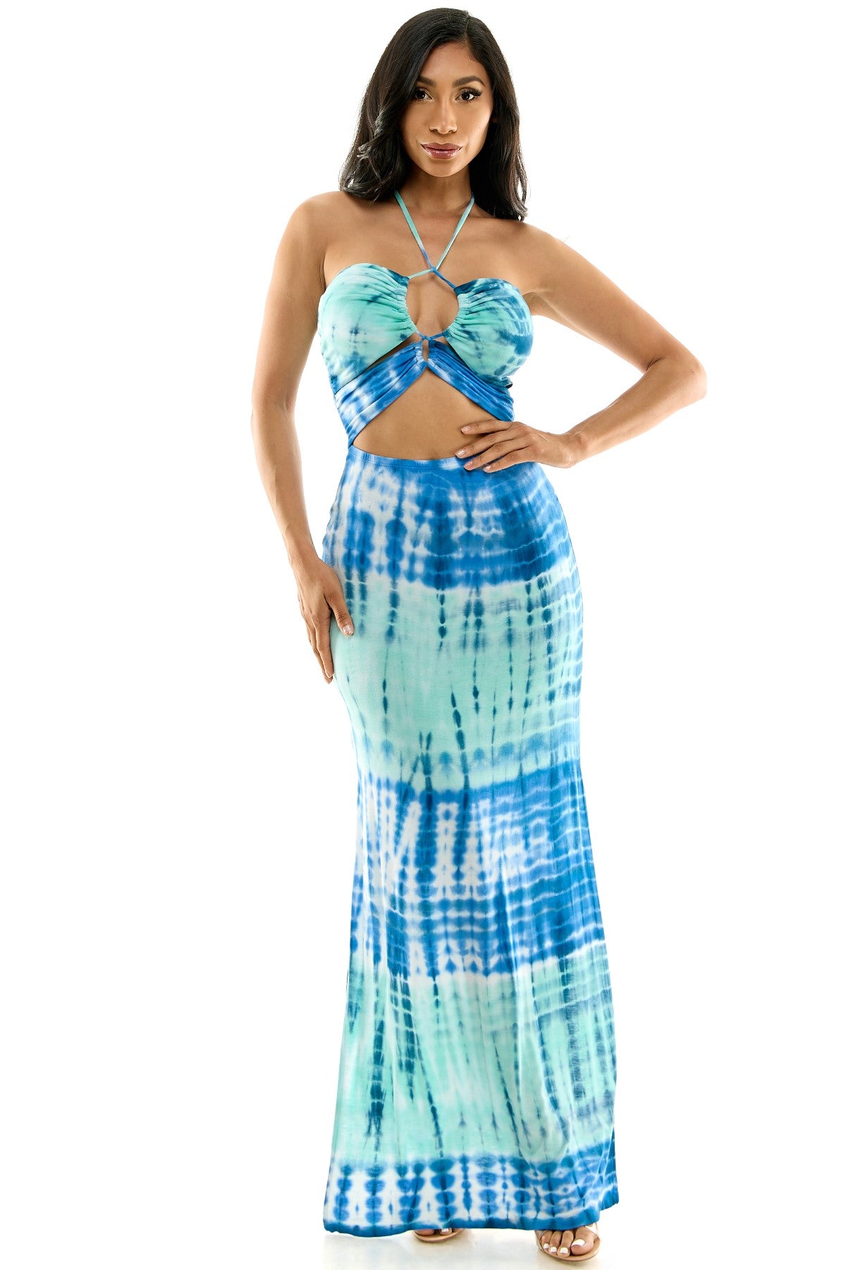 Elegant Lace Up Front Halter With Side Slit Maxi Dress