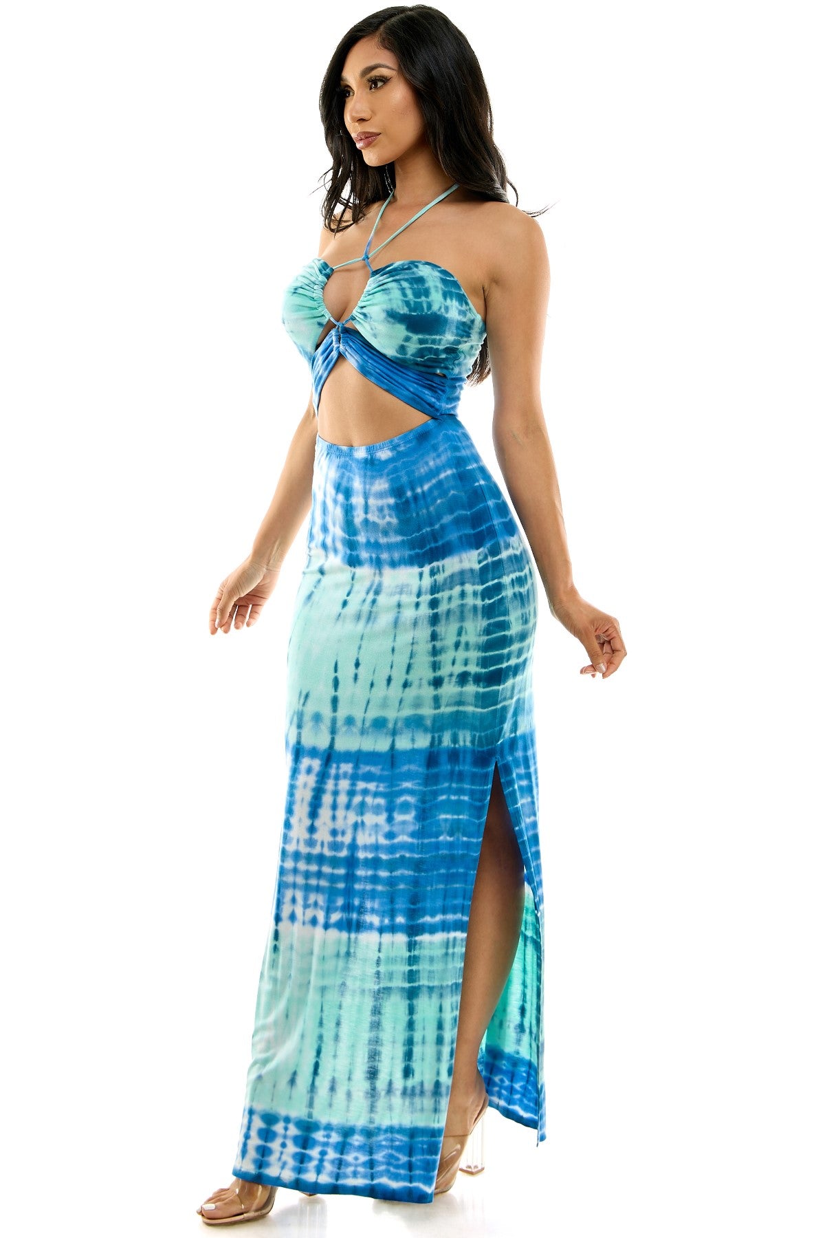 Elegant Lace Up Front Halter With Side Slit Maxi Dress