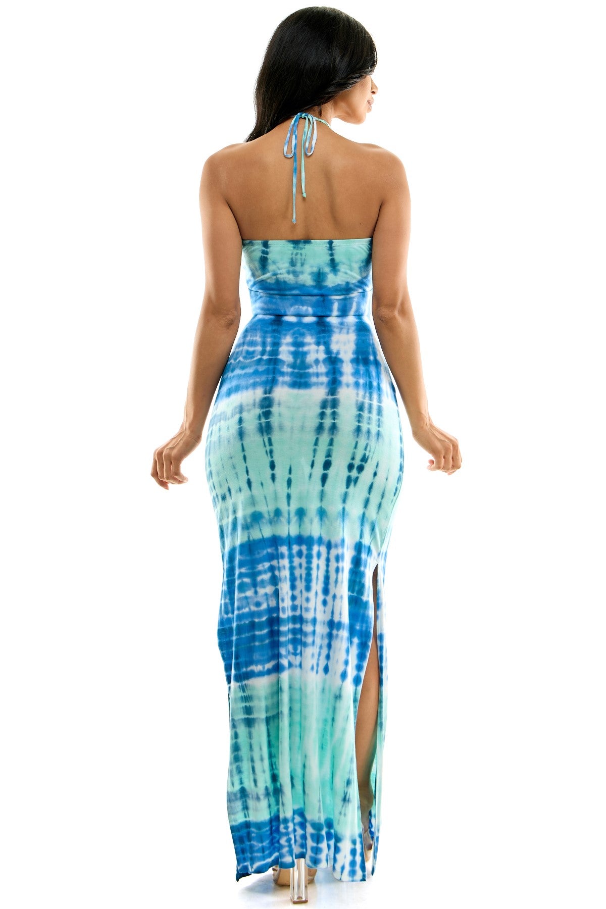 Elegant Lace Up Front Halter With Side Slit Maxi Dress