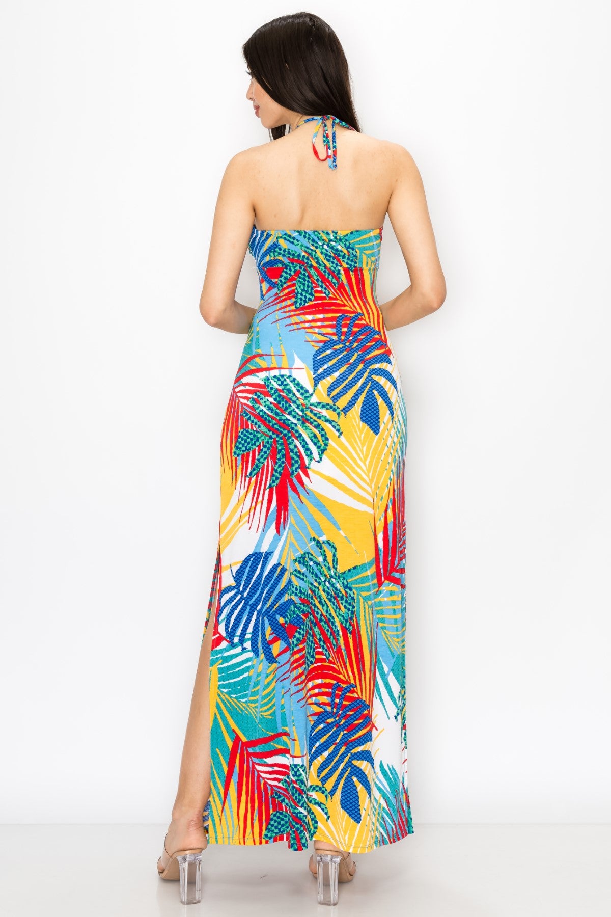 Vibrant Tropical Leaf Printed Halter Tie Back Maxi Dress