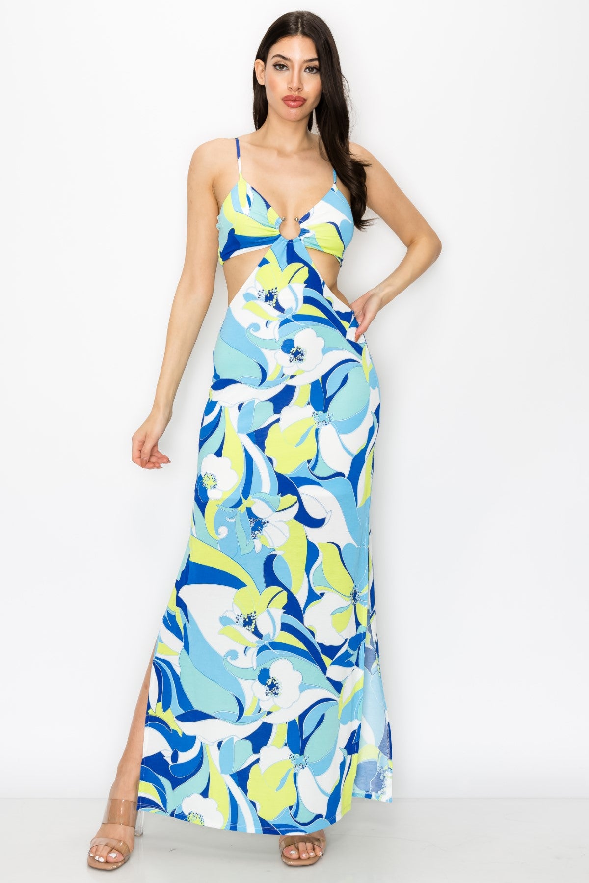 O-Ring Cut Out Spaghetti Strap Floral Maxi Dress