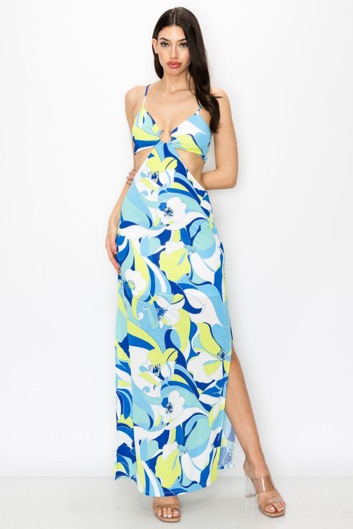 O-Ring Cut Out Spaghetti Strap Floral Maxi Dress