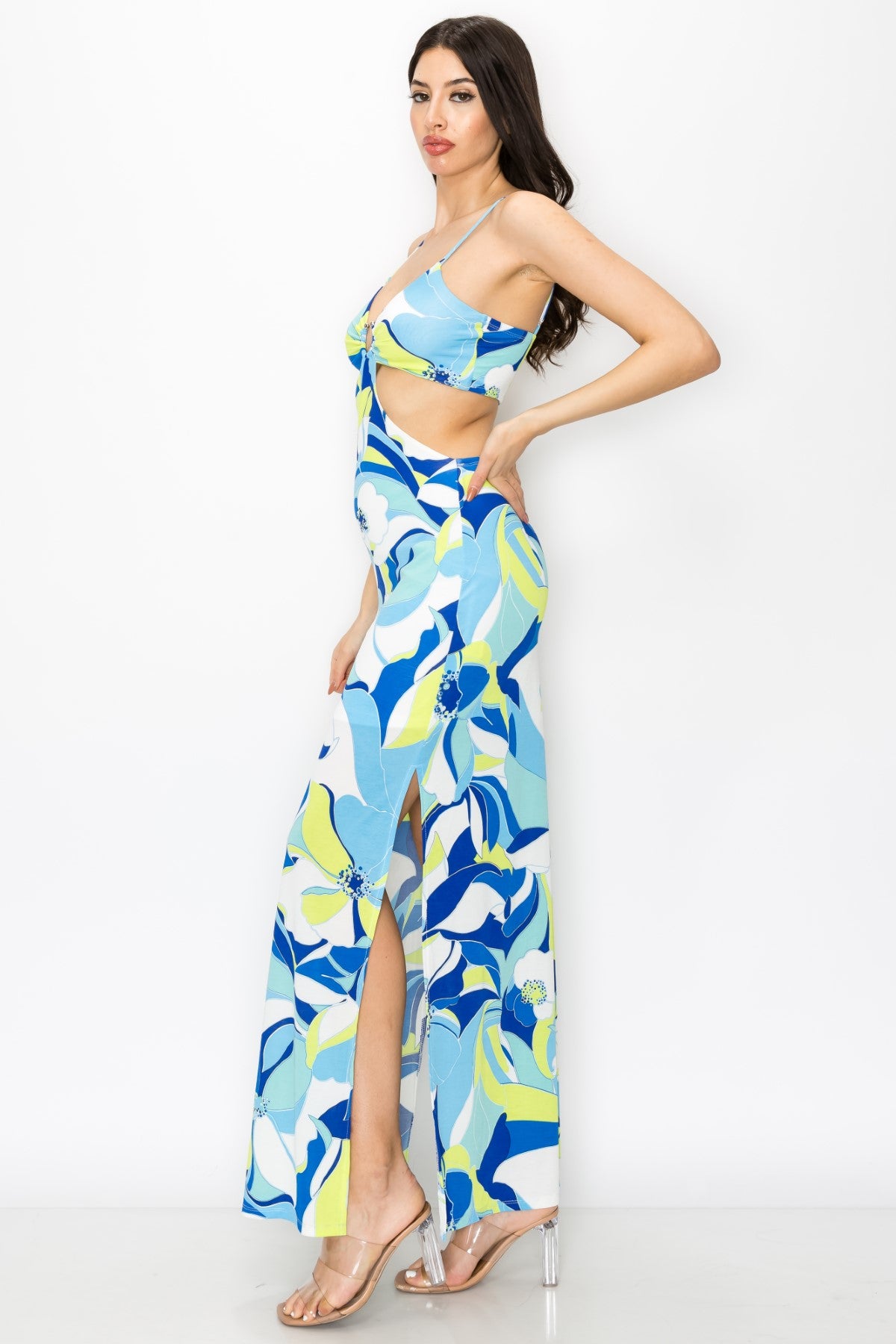 O-Ring Cut Out Spaghetti Strap Floral Maxi Dress