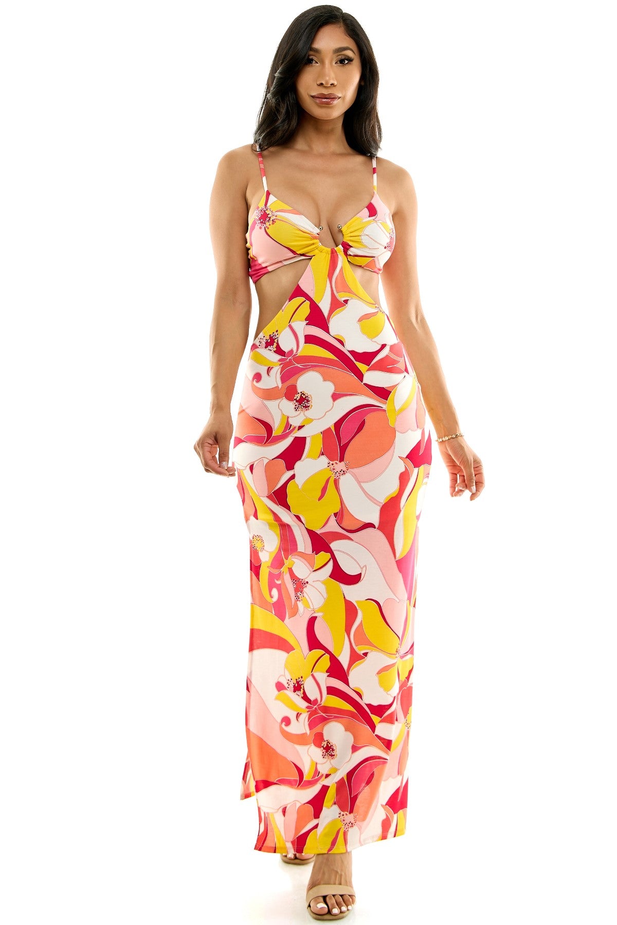 O-Ring Cut Out Spaghetti Strap Floral Maxi Dress