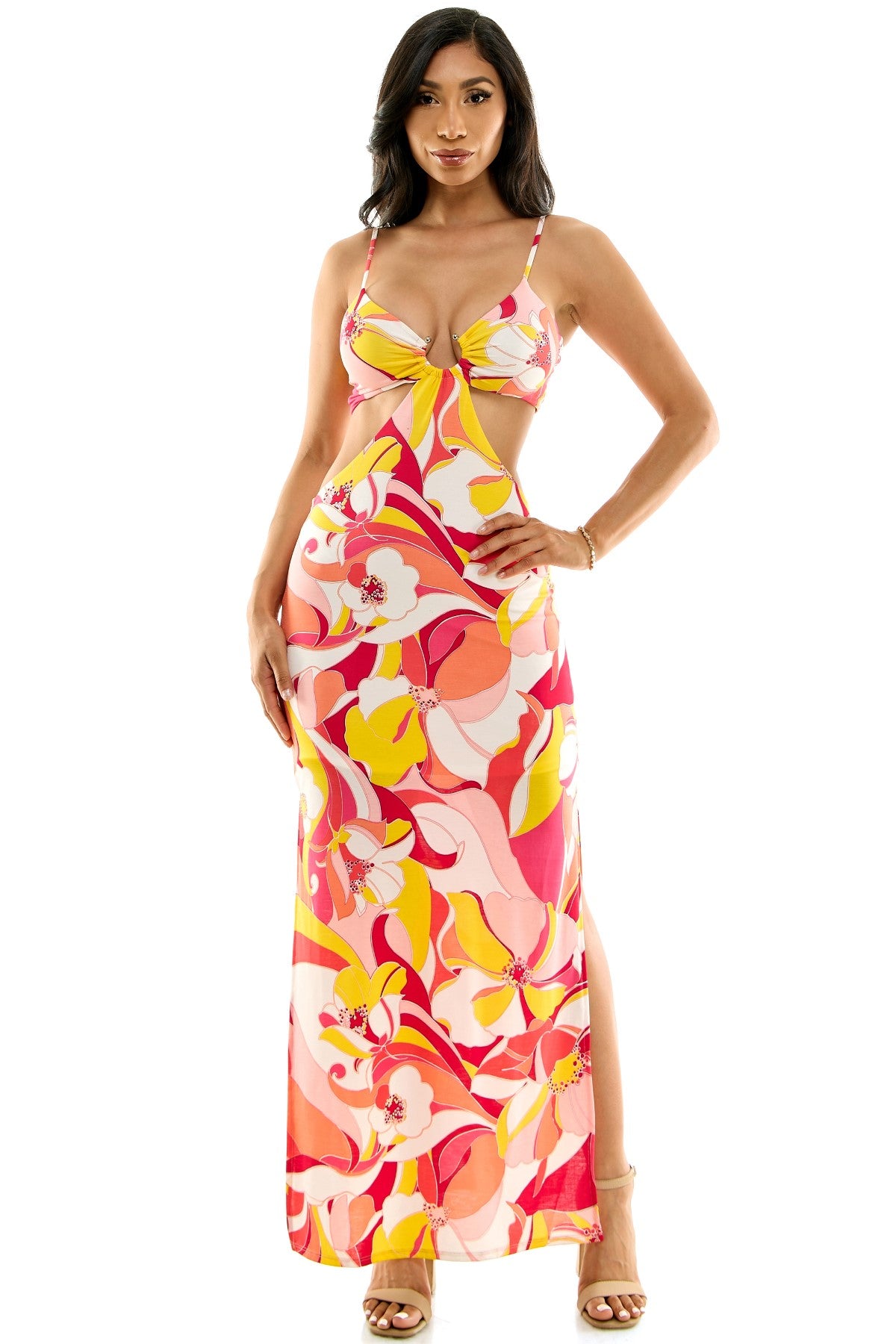 O-Ring Cut Out Spaghetti Strap Floral Maxi Dress