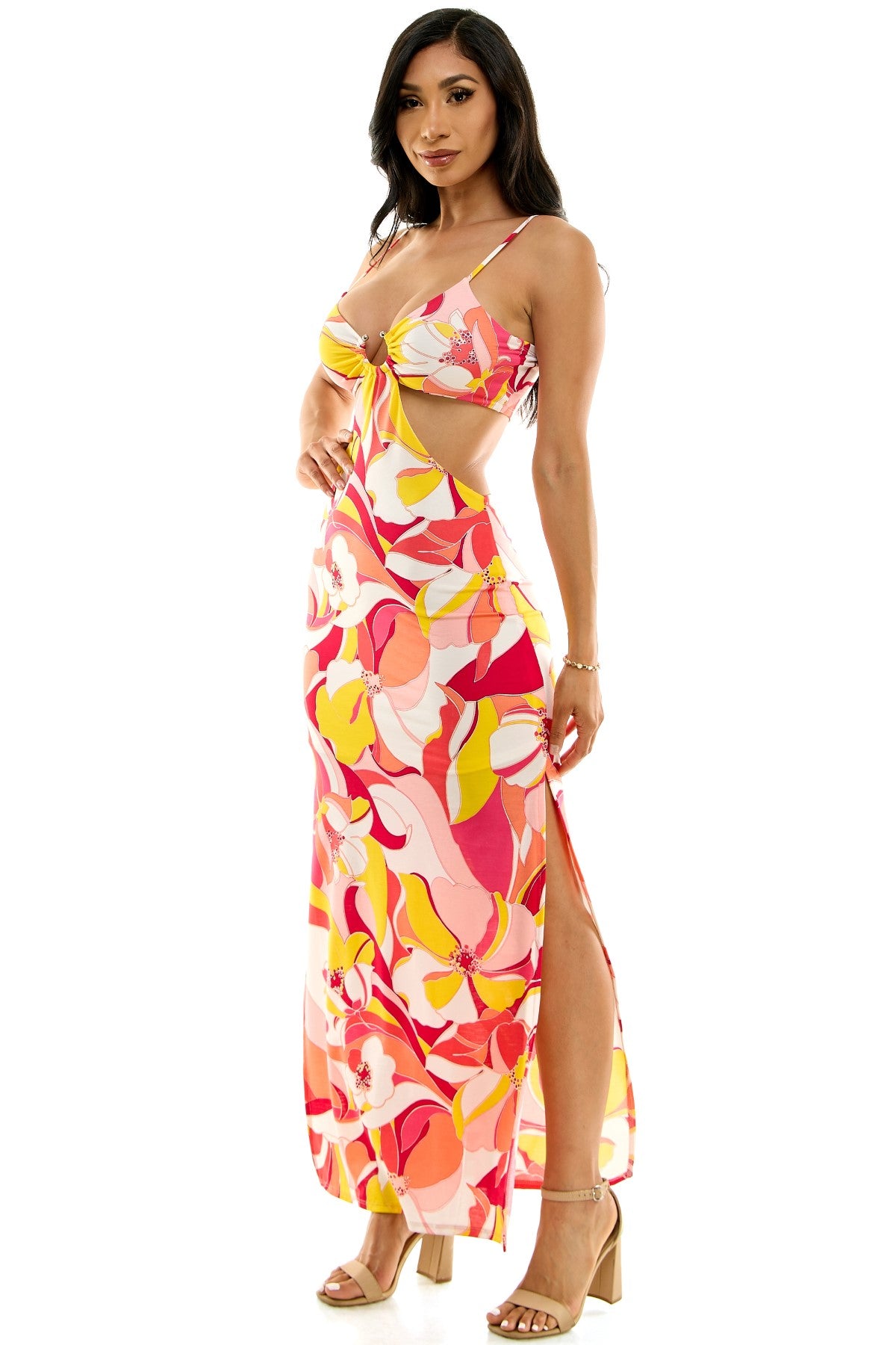 O-Ring Cut Out Spaghetti Strap Floral Maxi Dress