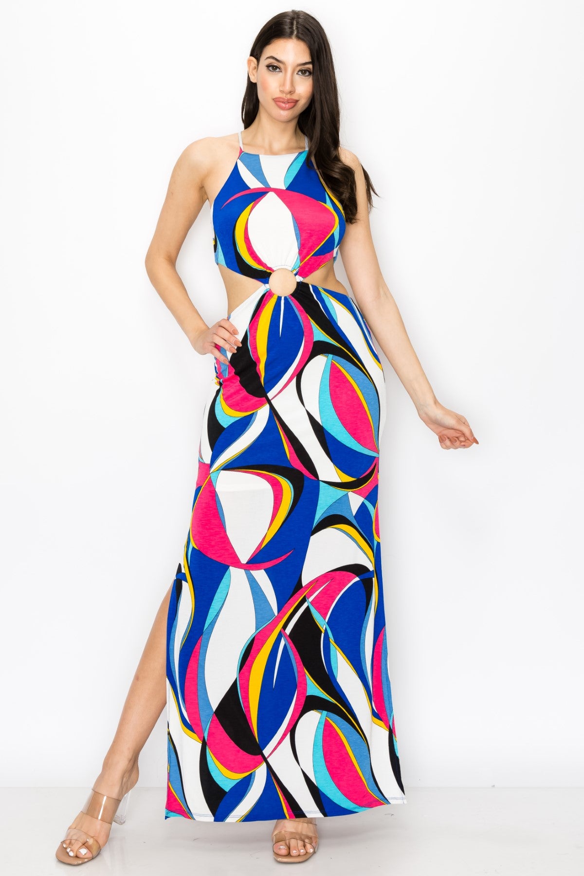Sleeveless O-Ring Cut Out With Tie Back Abstract Maxi Dress
