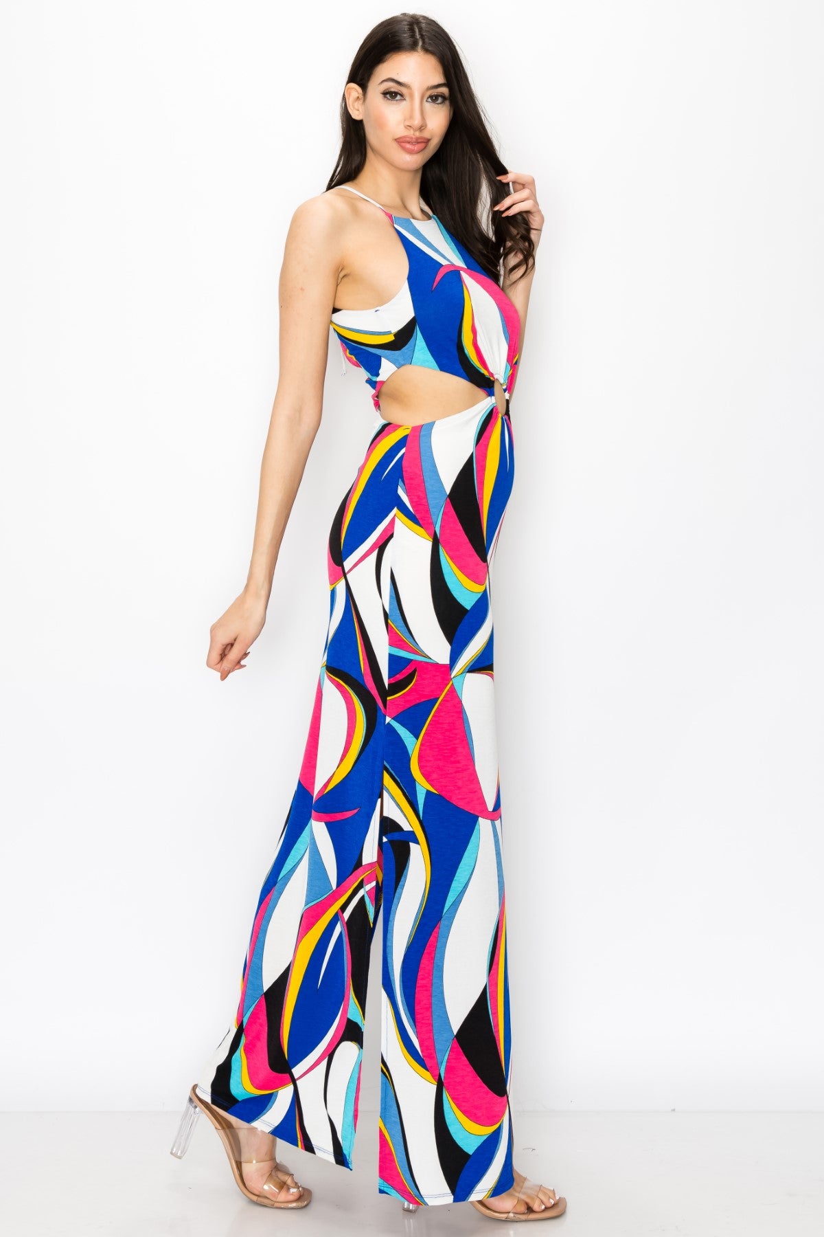 Sleeveless O-Ring Cut Out With Tie Back Abstract Maxi Dress