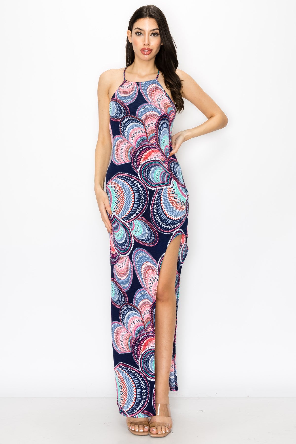 Strappy Back With Geometric Multi Circle Design Maxi Dress