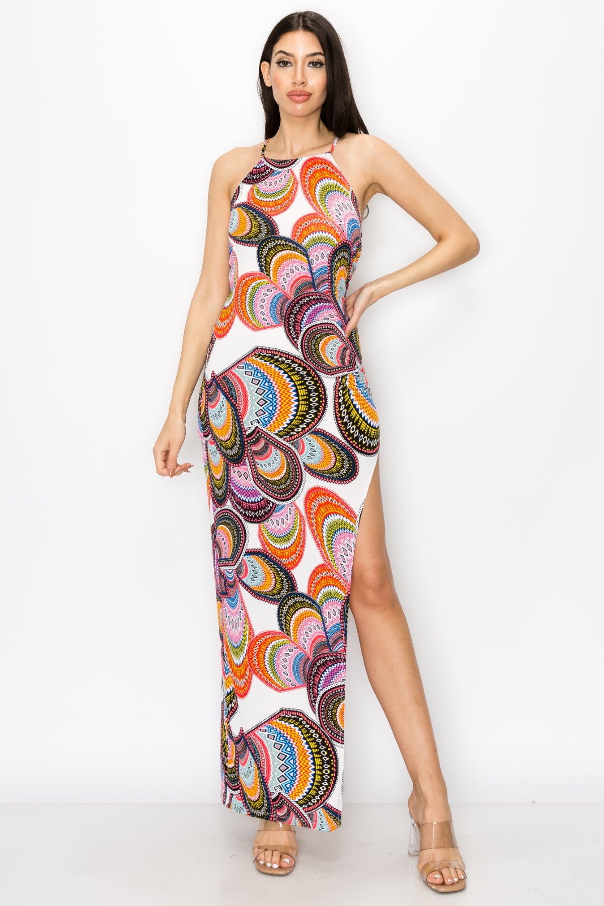 Strappy Back With Geometric Multi Circle Design Maxi Dress