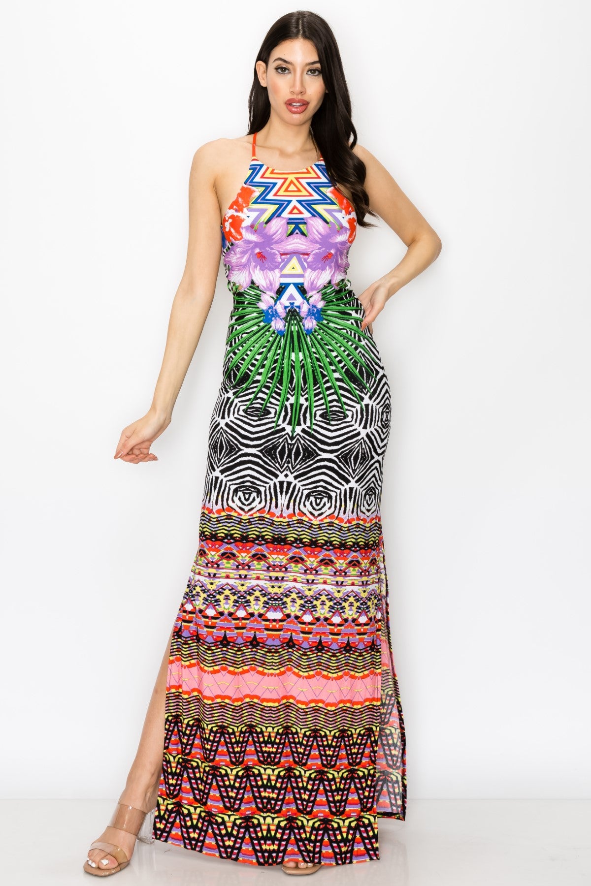 Tribal Print Dress With Criss Cross Back Strap Maxi Dress