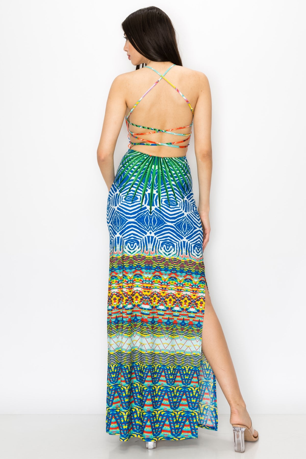 Tribal Print Dress With Criss Cross Back Strap Maxi Dress