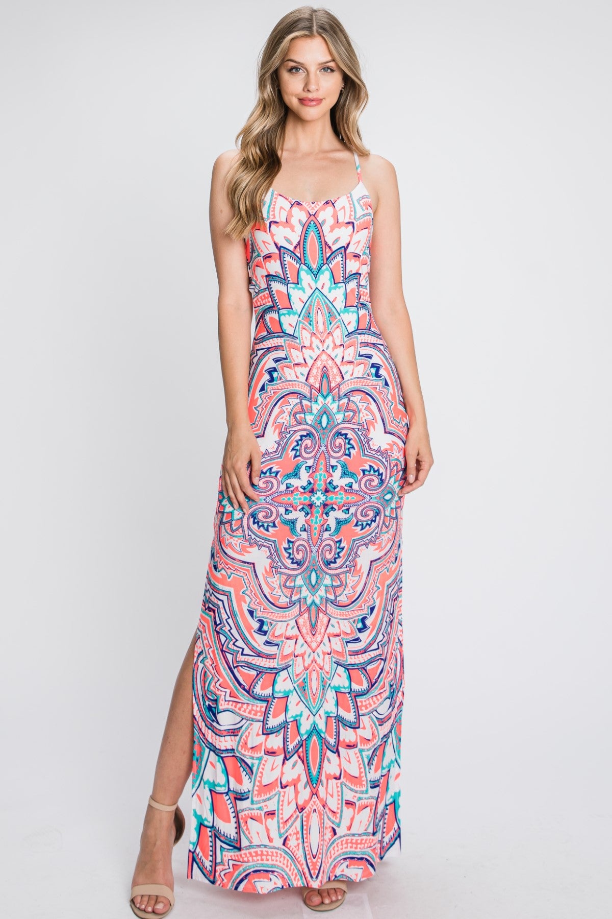 Criss Cross Strappy Back With Abstract Design Maxi Dress