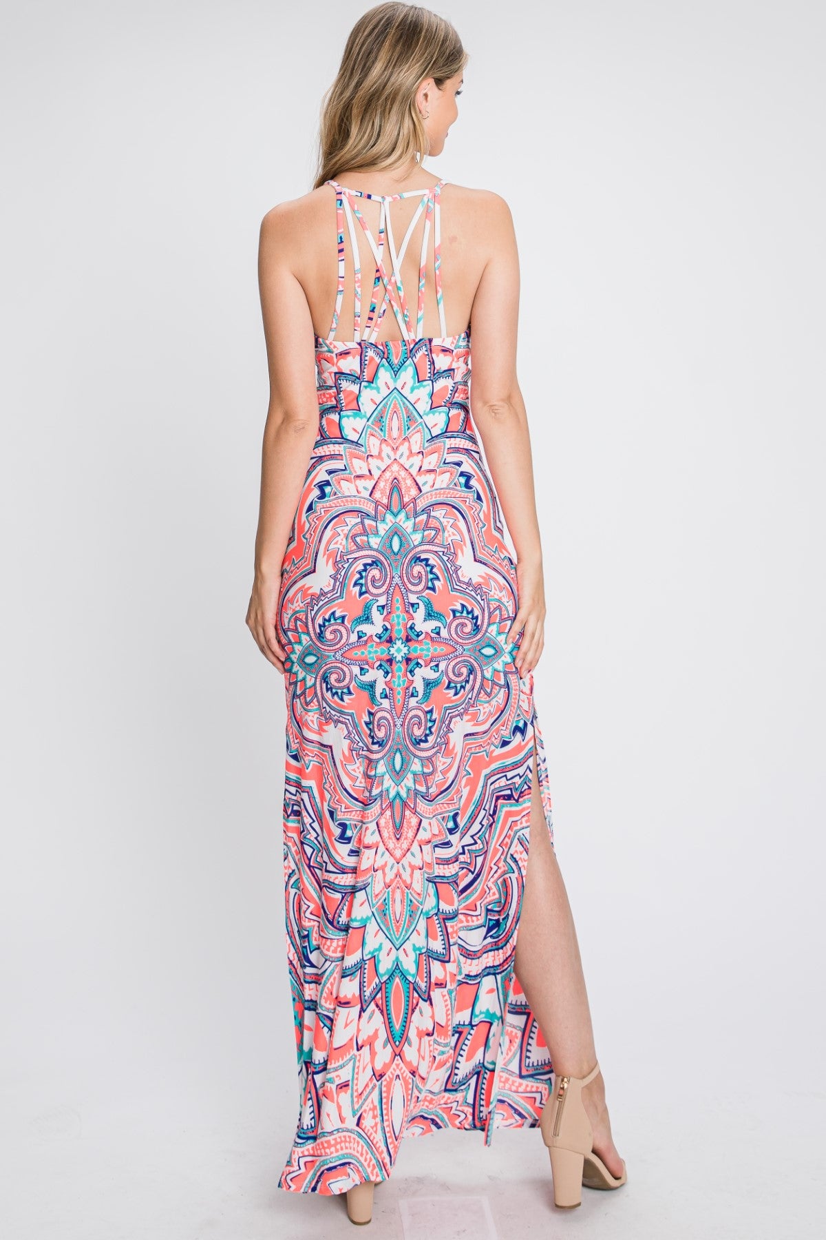 Criss Cross Strappy Back With Abstract Design Maxi Dress