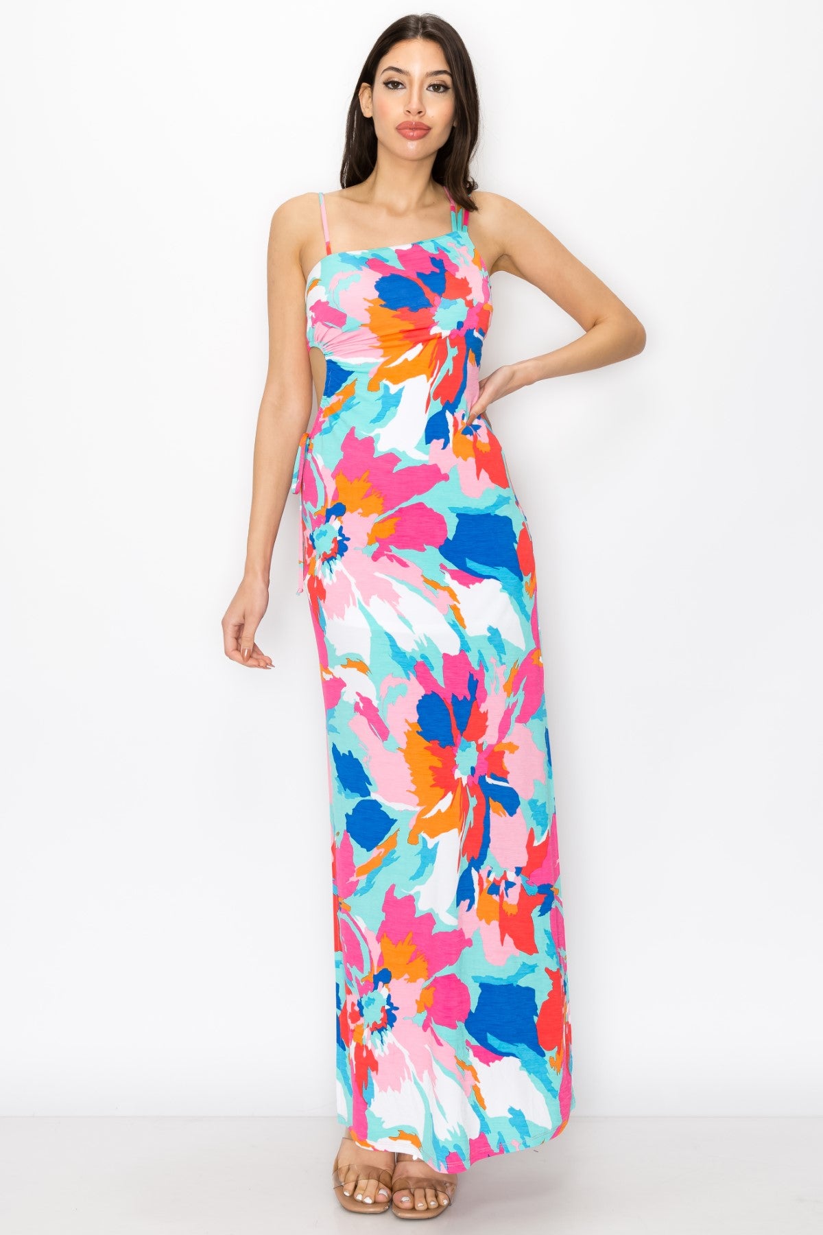 Floral Print Dress With Asymmetrical Shoulder Strap Maxi Dress