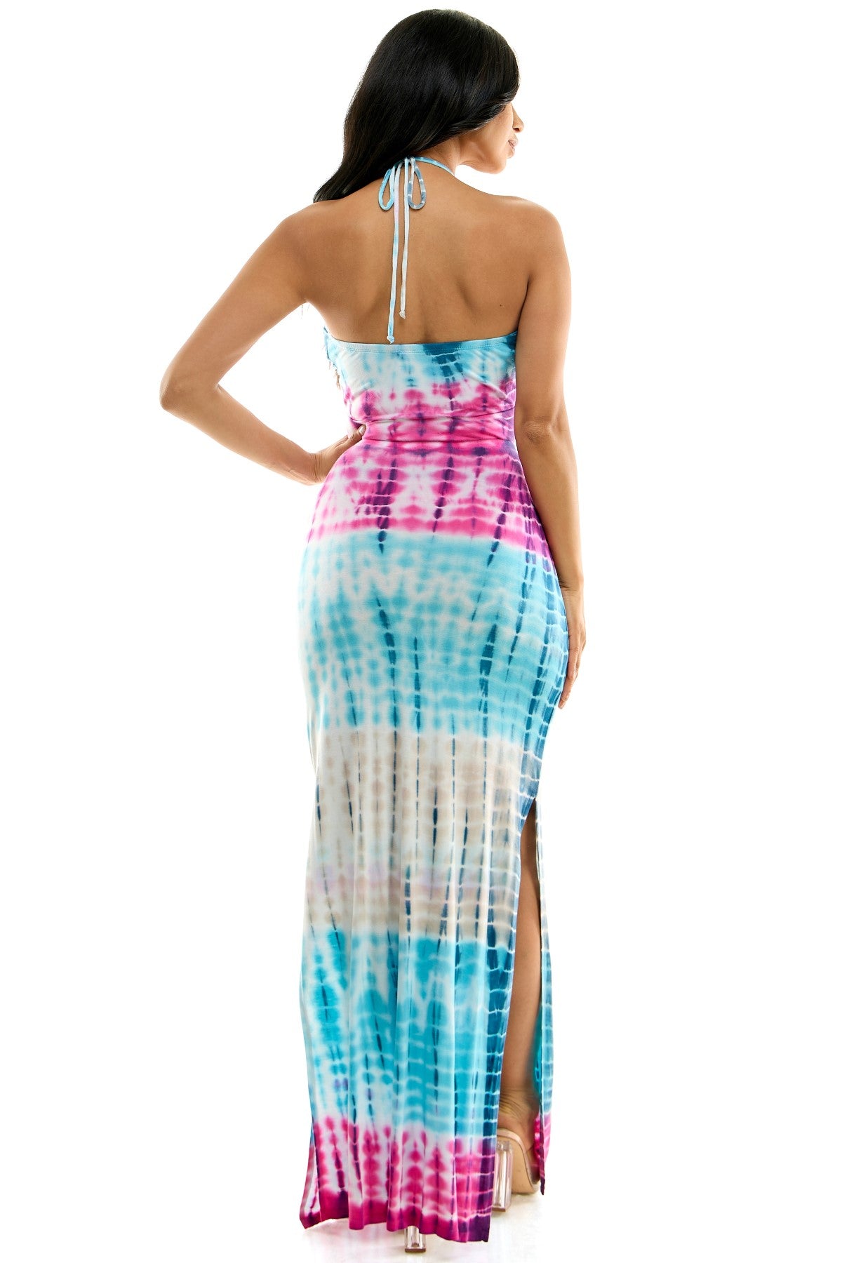 Elegant Lace Up Front Halter With Side Slit Maxi Dress