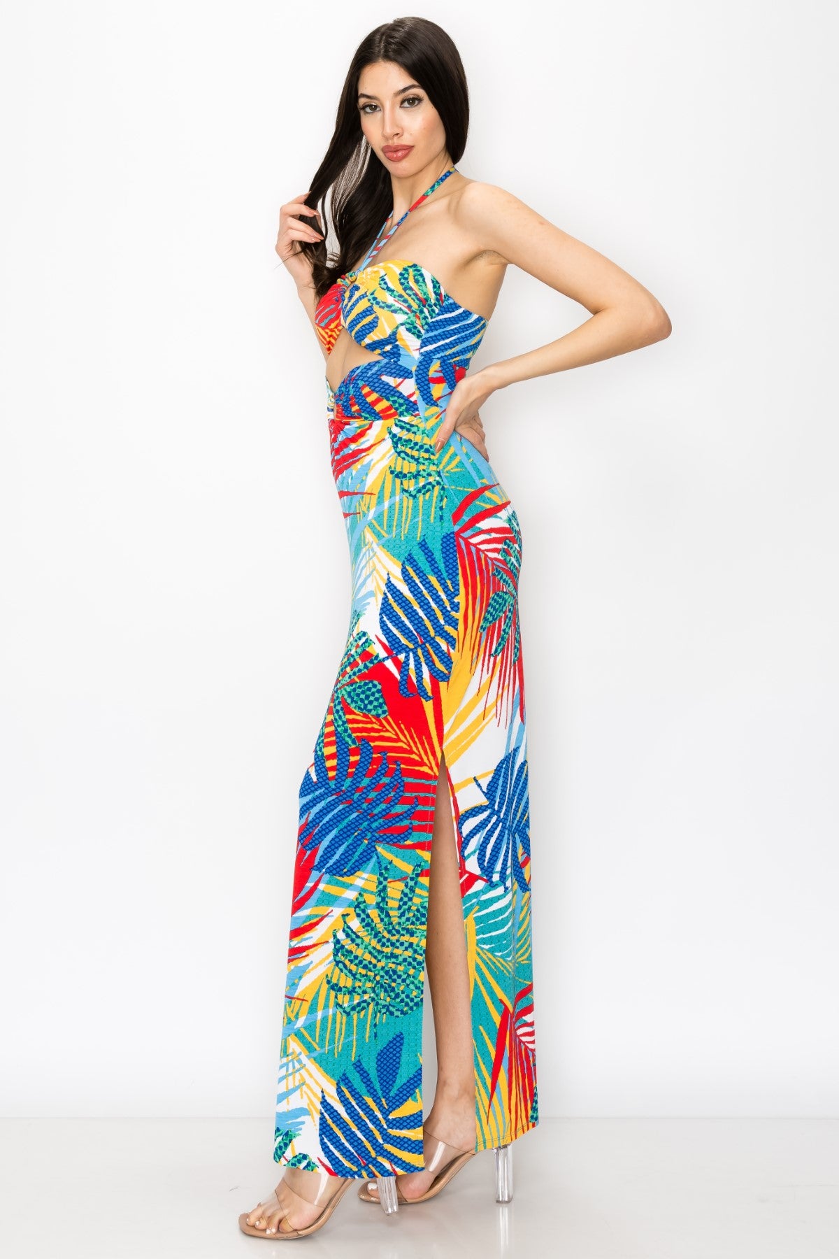 Vibrant Tropical Leaf Printed Halter Tie Back Maxi Dress
