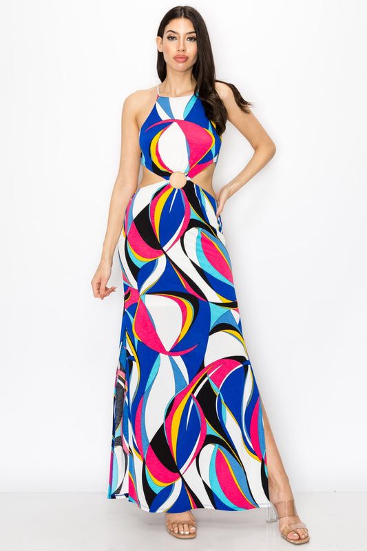 Sleeveless O-Ring Cut Out With Tie Back Abstract Maxi Dress