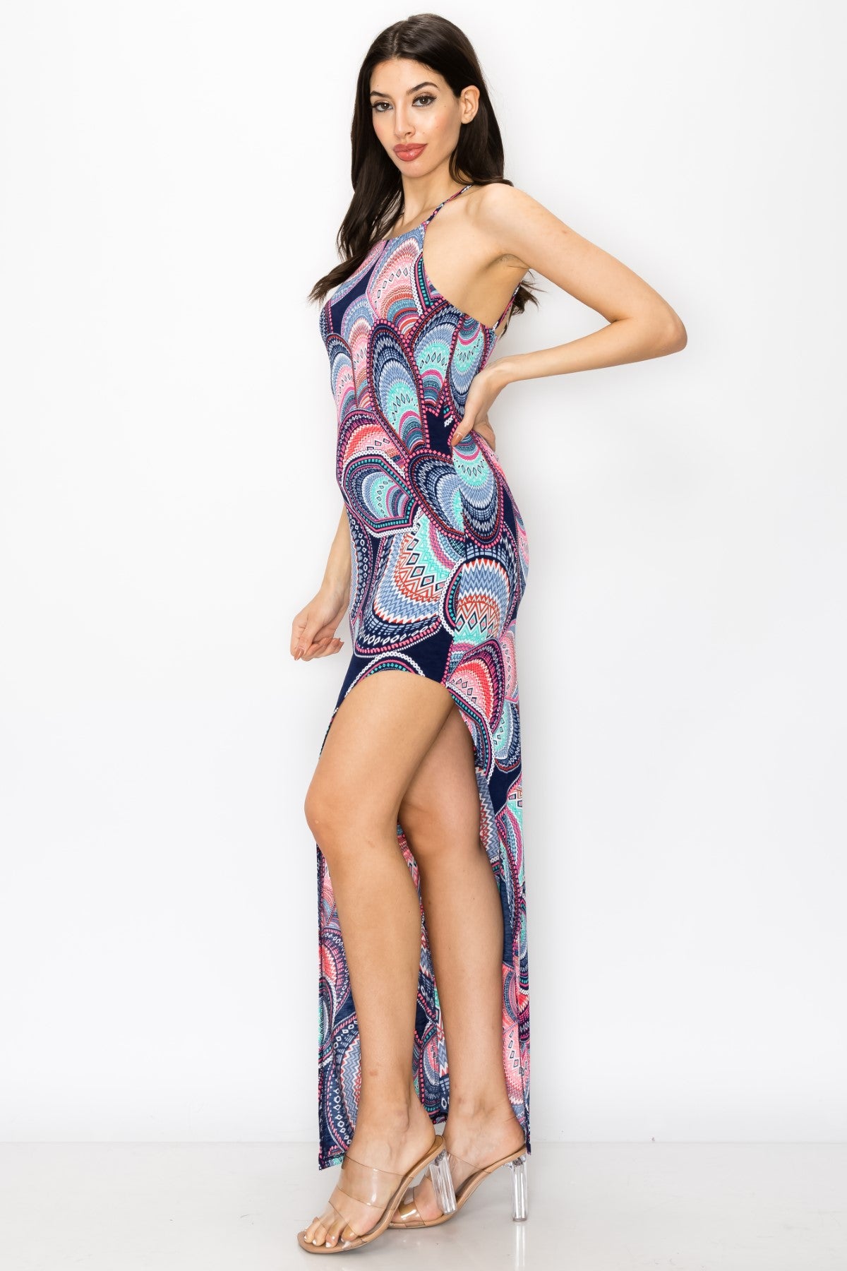 Strappy Back With Geometric Multi Circle Design Maxi Dress