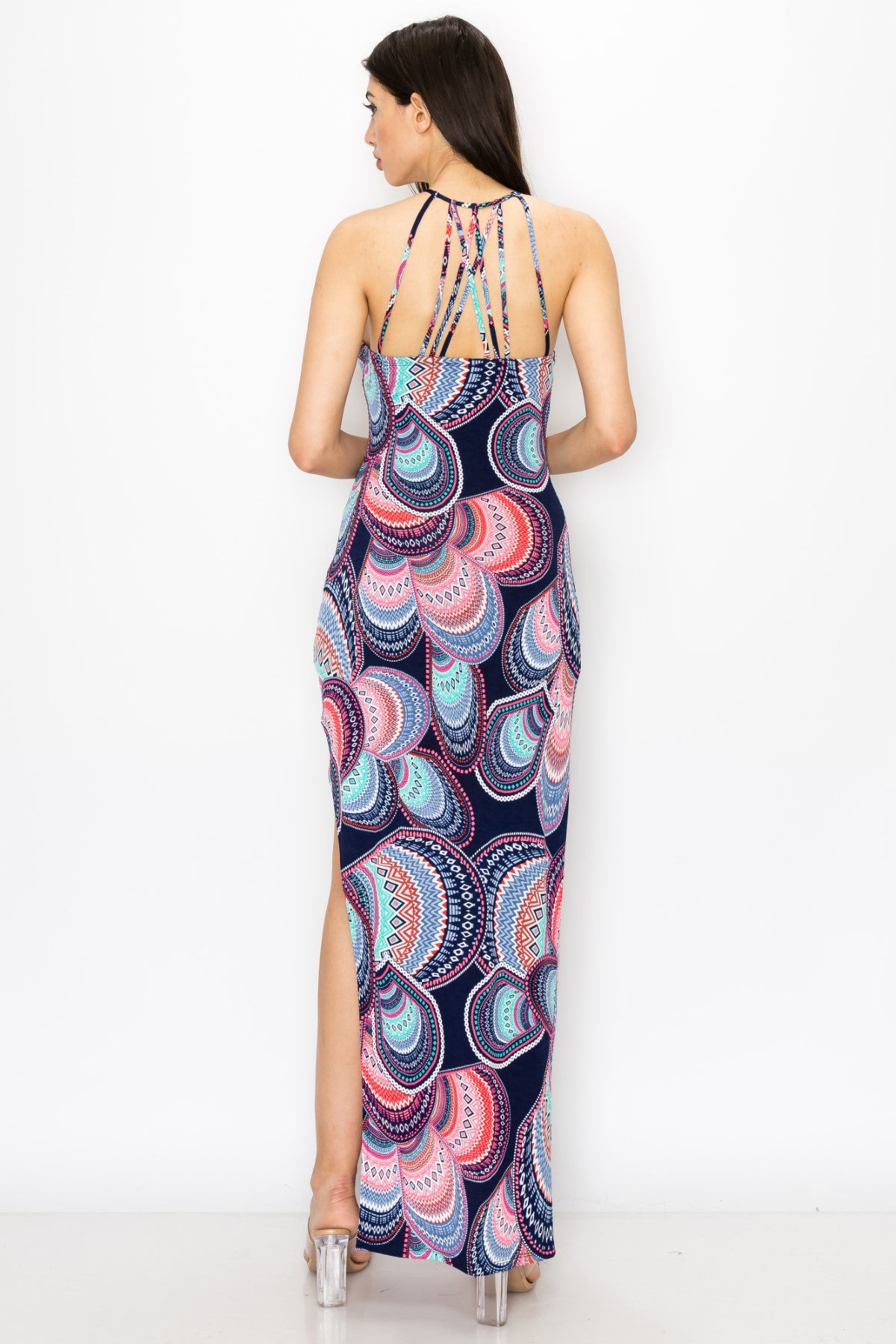 Strappy Back With Geometric Multi Circle Design Maxi Dress