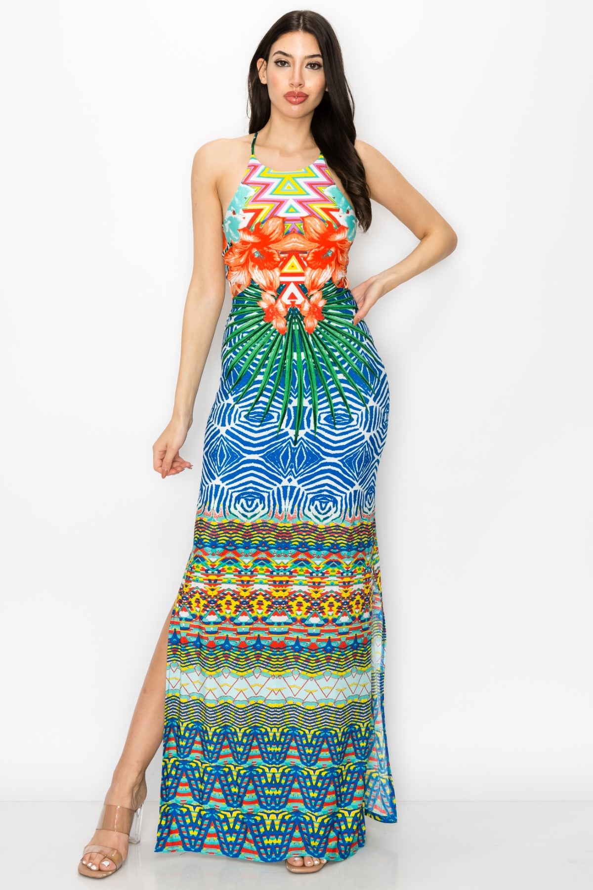 Tribal Print Dress With Criss Cross Back Strap Maxi Dress