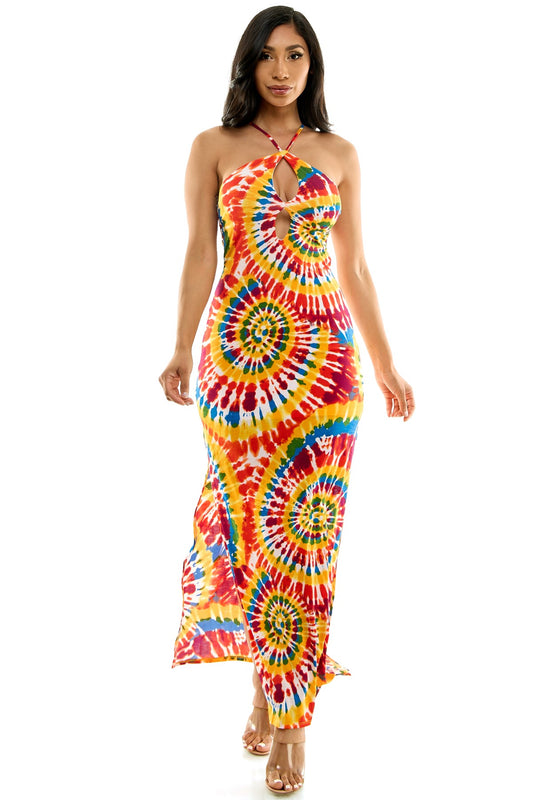 Beautiful Spiral Placement Tie Dye Halter Strappy Back Maxi Dress